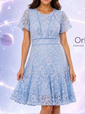 Nanette Lepore Airy Blue Floral Lace Fit Flare Cocktail Feminine Dress